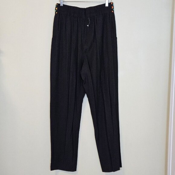 Emblem Pants Women 16 Black Waist Embroidery Tribal Elastic Zip Pleated Boho VTG - Picture 2 of 16
